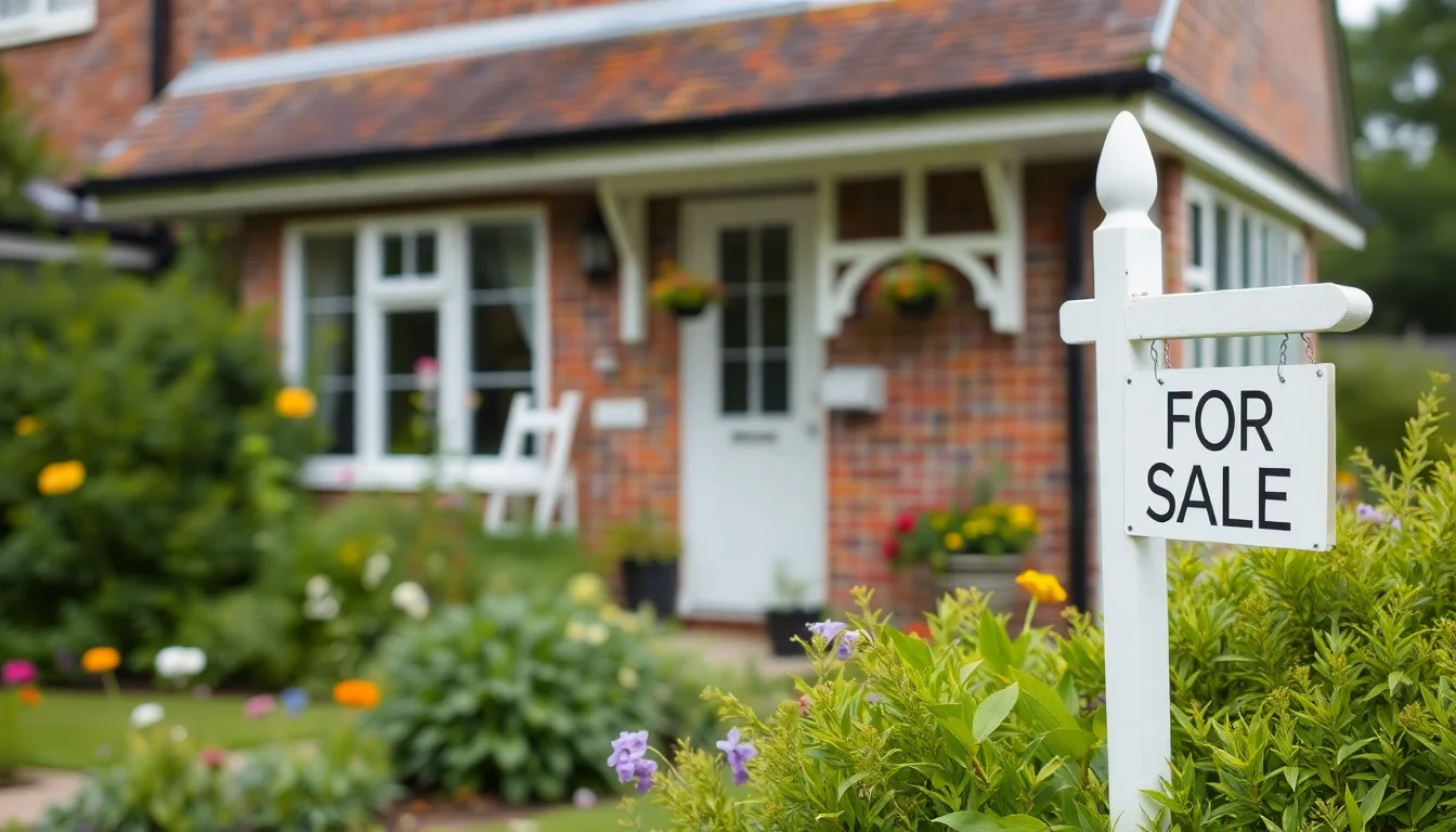 a photograph of a house with a front garden and a small sign saying For Sale 