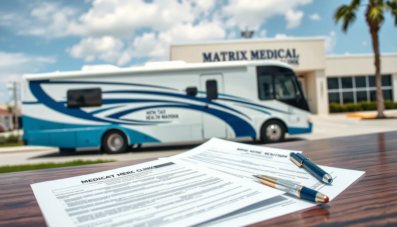 Professional photojournalistic shot of a mobile health clinic bus parked outside a Matrix Medical Network facility, with